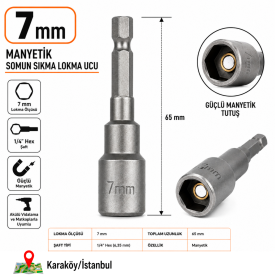 PHT 7 mm Manyetik Somun Sıkma Lokma Ucu 65 mm 1/4