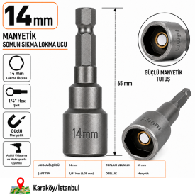 PHT 14 mm Manyetik Somun Sıkma Lokma Ucu 65 mm 1/4